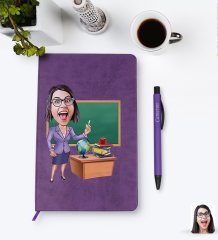 Kişiye Özel Kadın Öğretmen Karikatürlü Mor Termo Deri Defter Kalem Seti Model 1