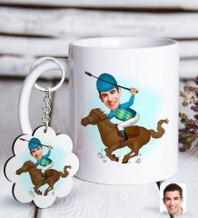 Kişiye Özel Erkek Jokey Karikatürlü Beyaz Kupa ve Anahtarlık Hediye Seti-1
