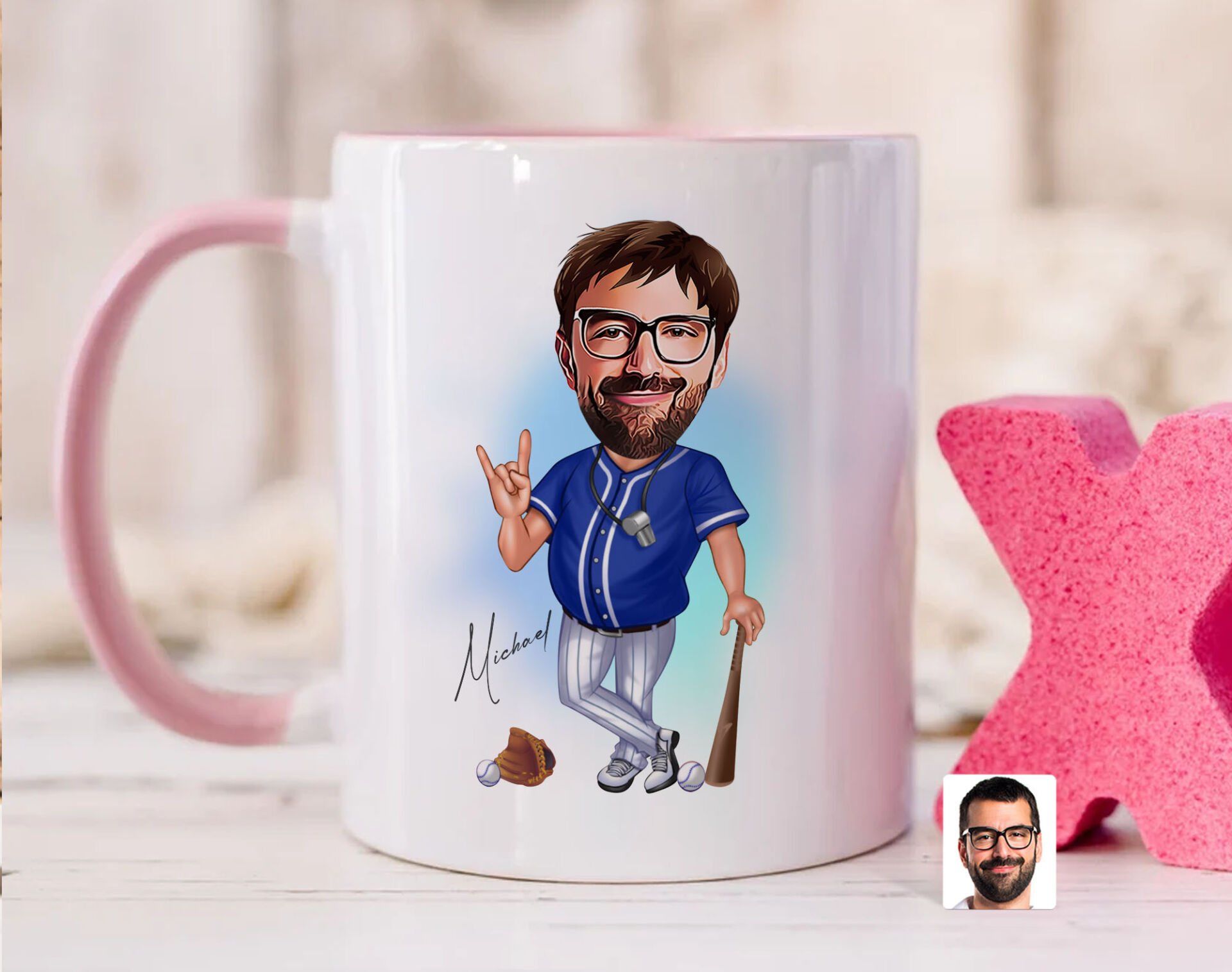 Bk Gift Kişiye Özel Beyzbol Karikatürlü Pembe Kupa Bardak-17, Sevgiliye Hediye, Arkadaşa Hediye
