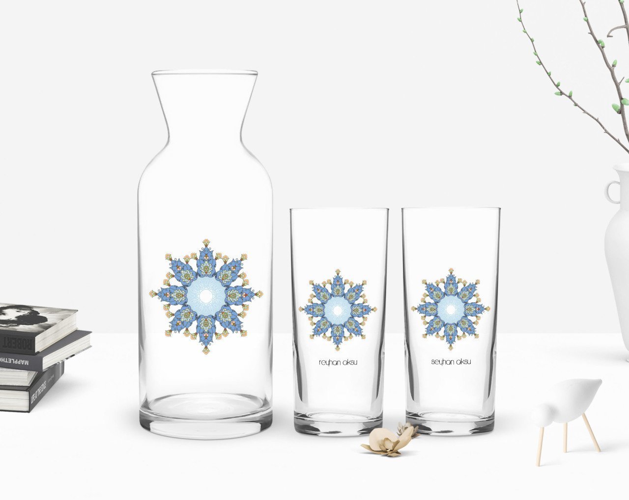 Kişiye Özel Renkli Baskılı İsimli İkili Rakı Bardağı ve Karaf Hediye Seti-105