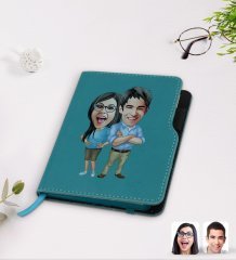 Kişiye Özel Sevgililer Karikatürlü Turkuaz Termo Deri Defter-101