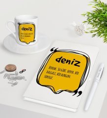 Kişiye Özel İsim Anlamı Beyaz Defter Kalem Türk Kahvesi Fincanı Seti-2