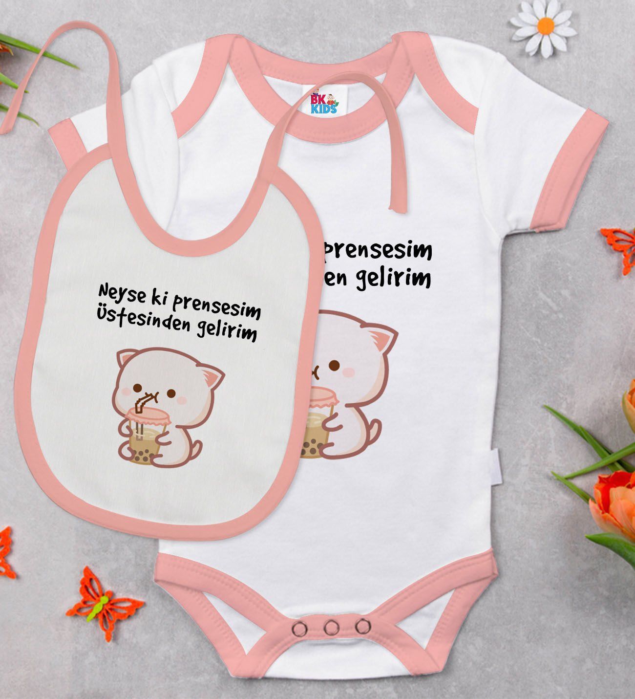 BK Kids Prensesim Üstesinden Gelirim Tasarımlı Pembe Bebek Body Zıbın ve Mama Önlüğü Hediye Seti-1