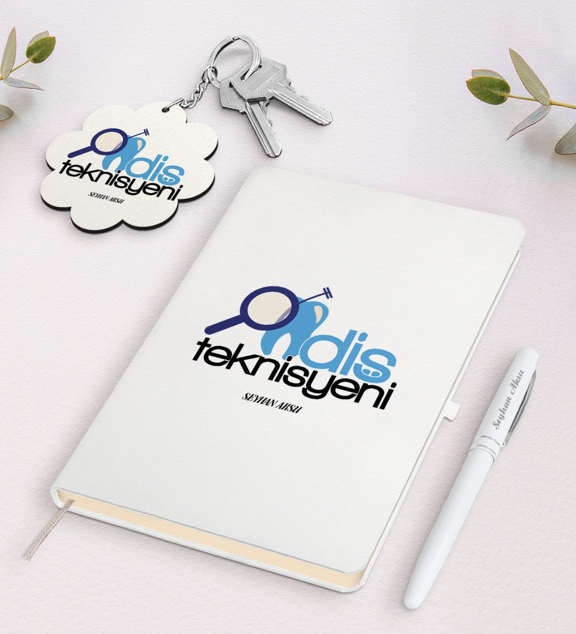 Kişiye Özel Diş Teknisyeni Beyaz Defter Kalem ve Anahtarlık Hediye Seti