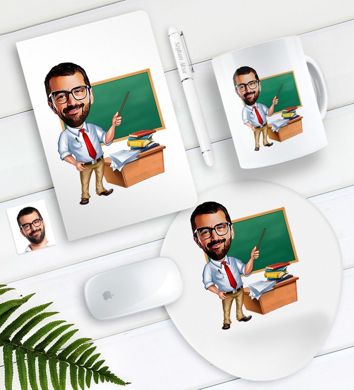 Kişiye Özel Bay Öğretmen Karikatürlü Defter Kalem Kupa Mouse Pad Seti