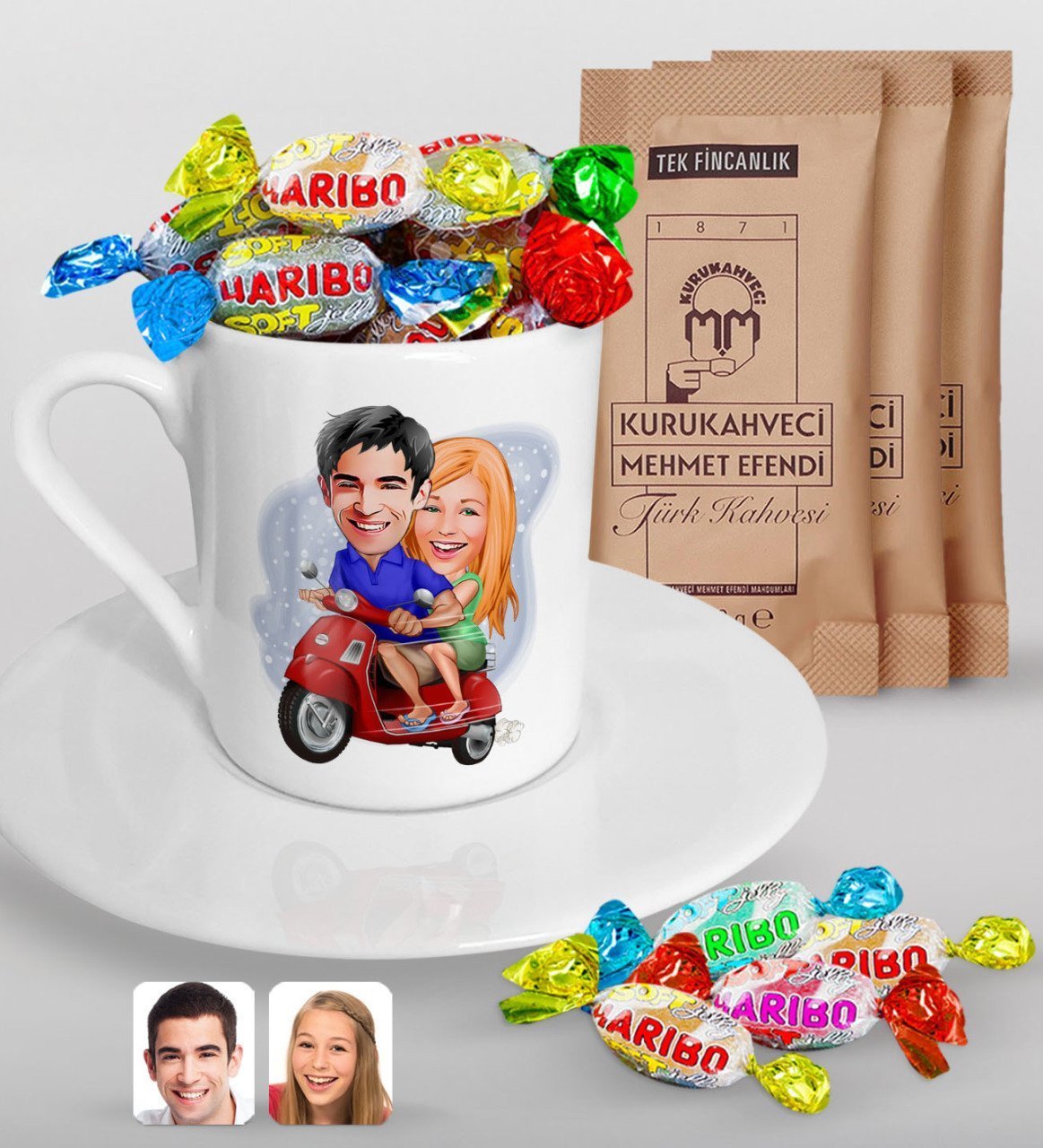 Kişiye Özel Sevgililer Karikatürlü Türk Kahvesi Fincanı Mehmet Efendi Kahve ve Haribo Şeker Hediye Seti-10