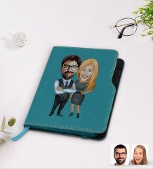 Kişiye Özel Sevgililer Karikatürlü Turkuaz Termo Deri Defter-100