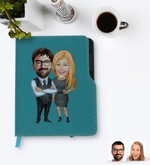 Kişiye Özel Sevgililer Karikatürlü Turkuaz Termo Deri Defter-100