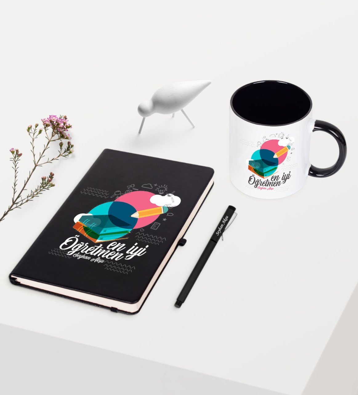 Kişiye Özel En İyi Öğretmen Temalı Siyah Defter Kalem Kupa Seti - 3