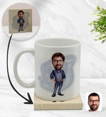 Kişiye Özel Baba Karikatürlü Beyaz Kupa Bardak ve Ahşap Bardak Altlığı Hediye Seti - Model 2