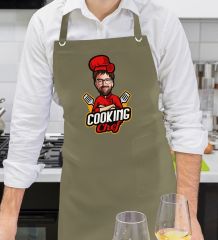 BK Gift Kişiye Özel Erkek Chef Karikatürlü Profesyonel Haki Yeşil Mutfak Önlüğü, Aşçı Önlüğü, Şef Önlüğü, Arkadaşa Hediye-3
