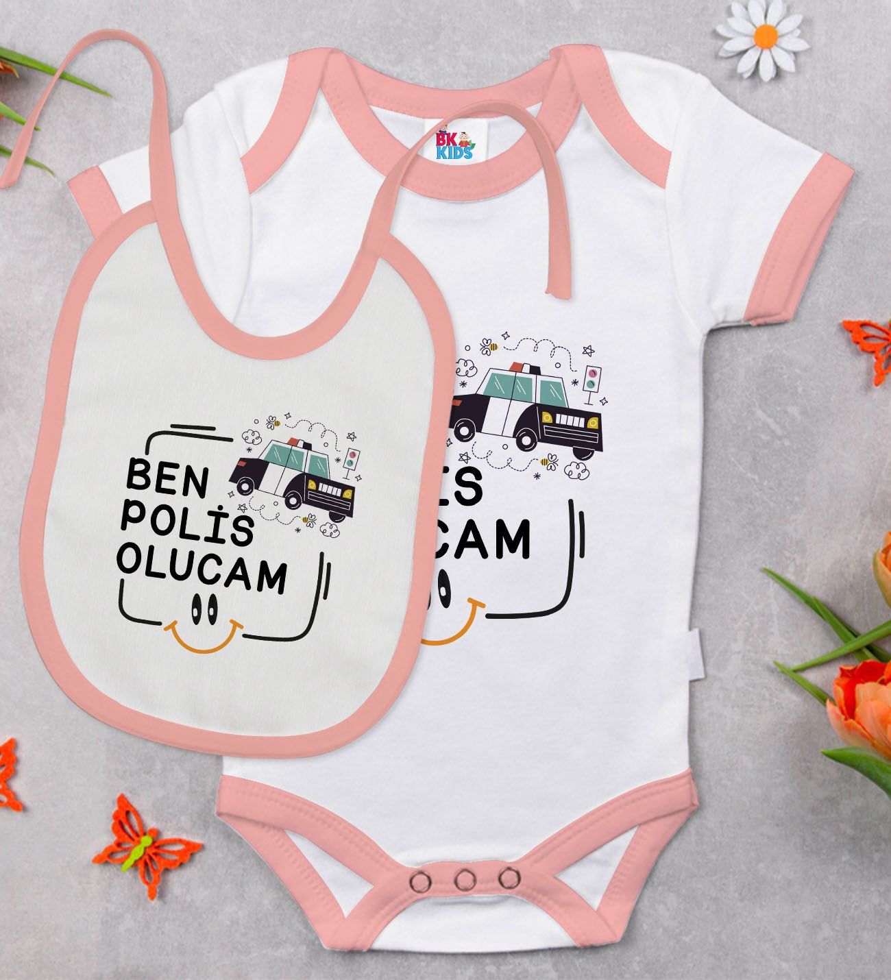 BK Kids Polis Olucam Tasarımlı Pembe Bebek Body Zıbın ve Mama Önlüğü Hediye Seti-1
