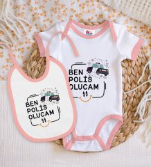 BK Kids Polis Olucam Tasarımlı Pembe Bebek Body Zıbın ve Mama Önlüğü Hediye Seti-1