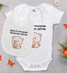 BK Kids Prensesim Üstesinden Gelirim Tasarımlı Beyaz Bebek Body Zıbın ve Mama Önlüğü Hediye Seti-1