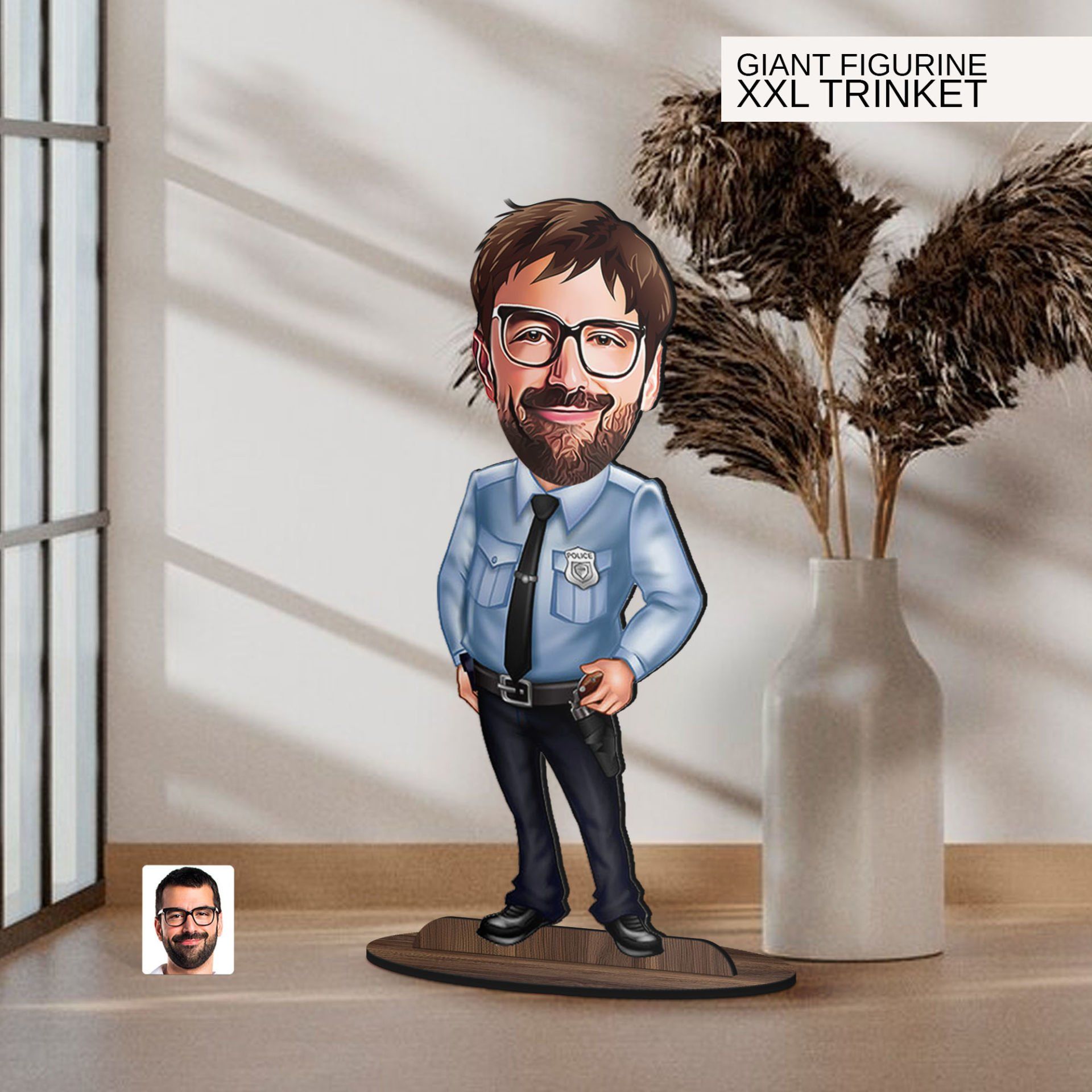 BK Gift Kişiye Özel Polis Karikatürlü Büyük Boy Ahşap Biblo-1 Arkadaşa Hediye , Sevgiliye Hediye, Kişiye Özel Biblolar