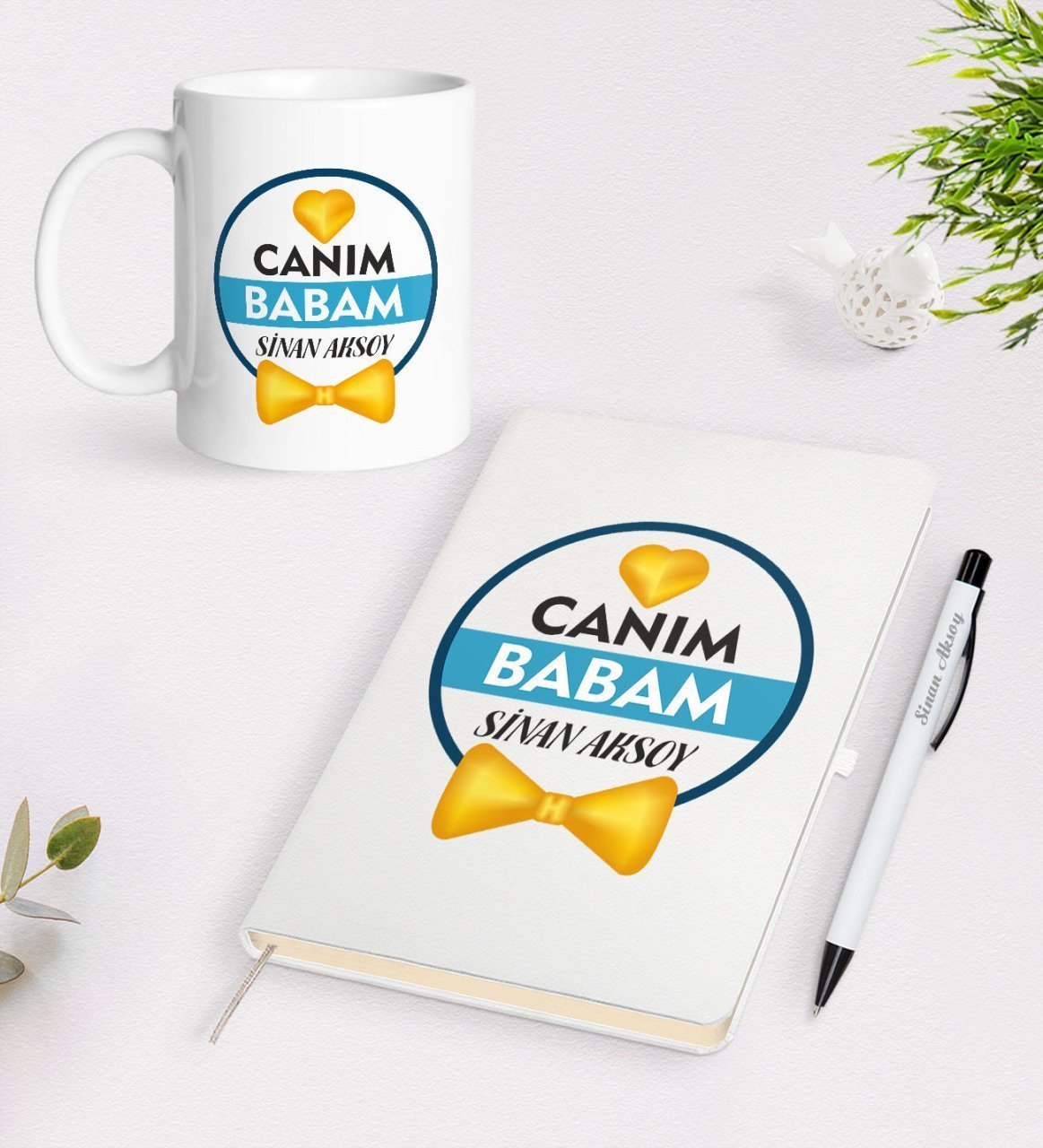 Kişiye Özel Canım Babam Tasarımlı Beyaz Defter Kalem Kupa Seti - Model 1