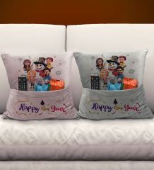 BK Gift Kişiye Özel Yılbaşı Karikatür Tasarımlı 2'li Organizer Kumanda ve Atıştırmalık Cepli Pembe&Gri Kırlent Yastık- 7, Yılbaşı Hediyesi, Yeni Yıl Hediyeleri
