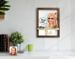Kişiye Özel Kadın Kolay Yetişmiyor Karikatürlü Doğal Masif Ahşap Çerçeveli Tablo Duvar Rafı-4