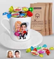 Kişiye Özel Sevgililer Karikatürlü Türk Kahvesi Fincanı Mehmet Efendi Kahve ve Haribo Şeker Hediye Seti-9