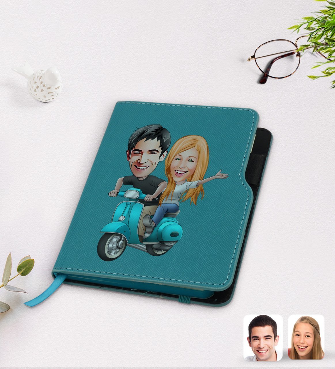 Kişiye Özel Sevgililer Karikatürlü Turkuaz Termo Deri Defter-99