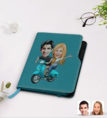 Kişiye Özel Sevgililer Karikatürlü Turkuaz Termo Deri Defter-99