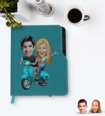 Kişiye Özel Sevgililer Karikatürlü Turkuaz Termo Deri Defter-99