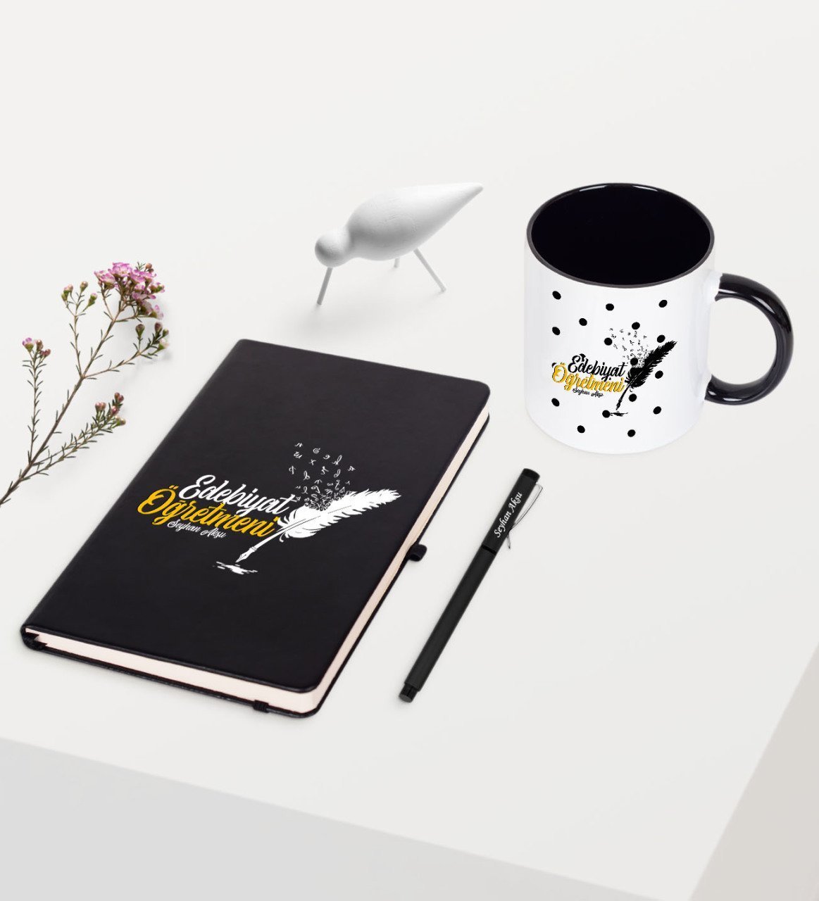 Kişiye Özel Edebiyat Öğretmeni Temalı Siyah Defter Kalem Kupa Seti - 2