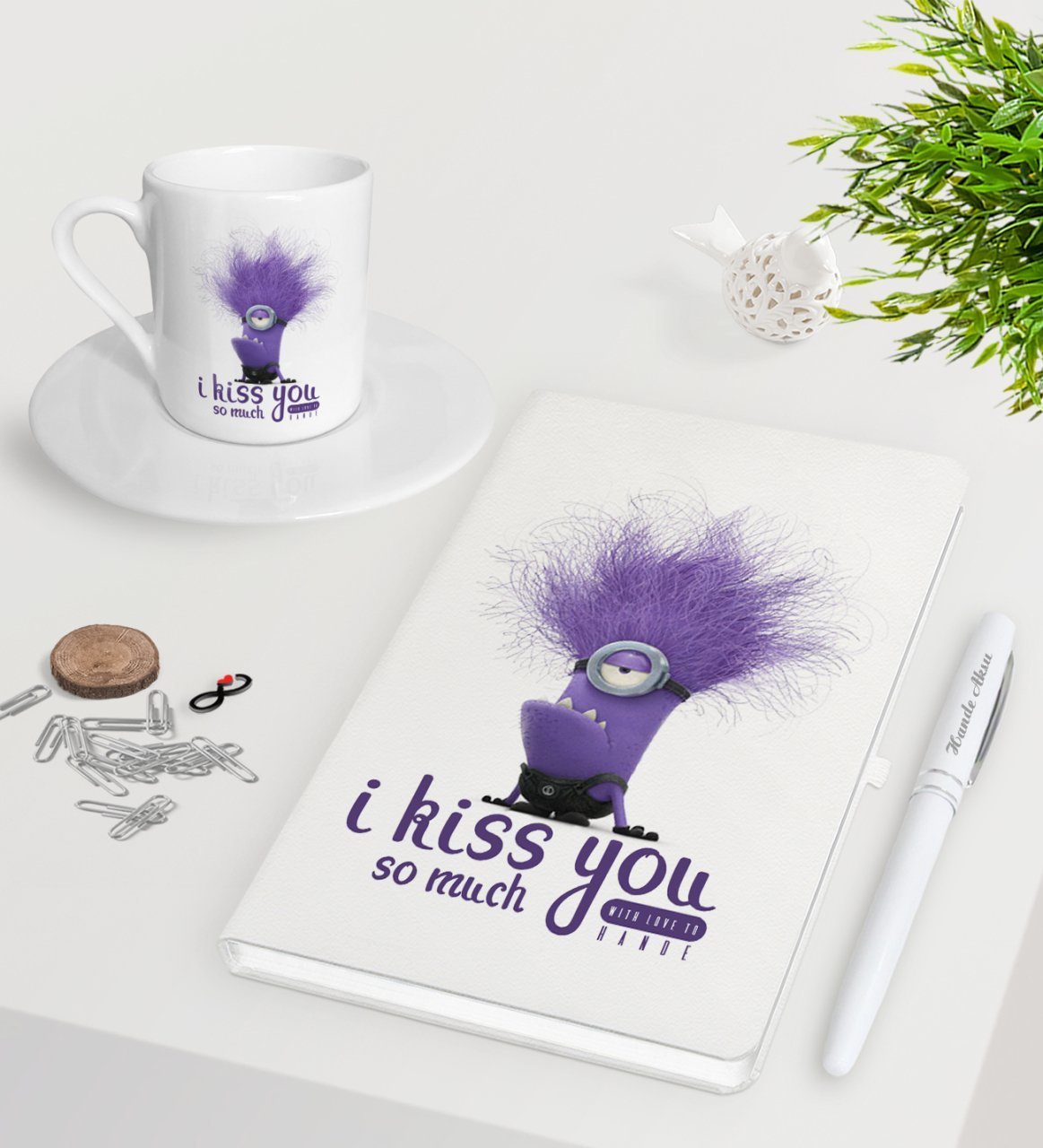 Kişiye Özel I Kiss You Beyaz Defter Kalem Türk Kahvesi Fincanı Seti-1