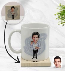 Kişiye Özel Baba Karikatürlü Beyaz Kupa Bardak ve Ahşap Bardak Altlığı Hediye Seti - Model 1