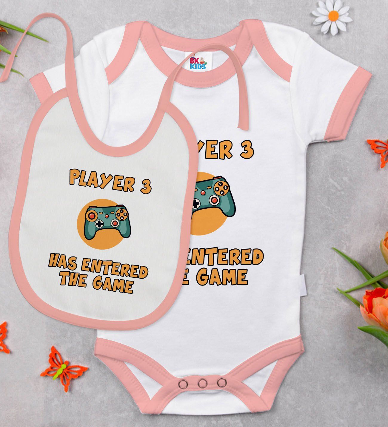 BK Kids Player 3 Tasarımlı Pembe Bebek Body Zıbın ve Mama Önlüğü Hediye Seti-1