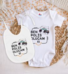 BK Kids Polis Olucam Tasarımlı Beyaz Bebek Body Zıbın ve Mama Önlüğü Hediye Seti-1