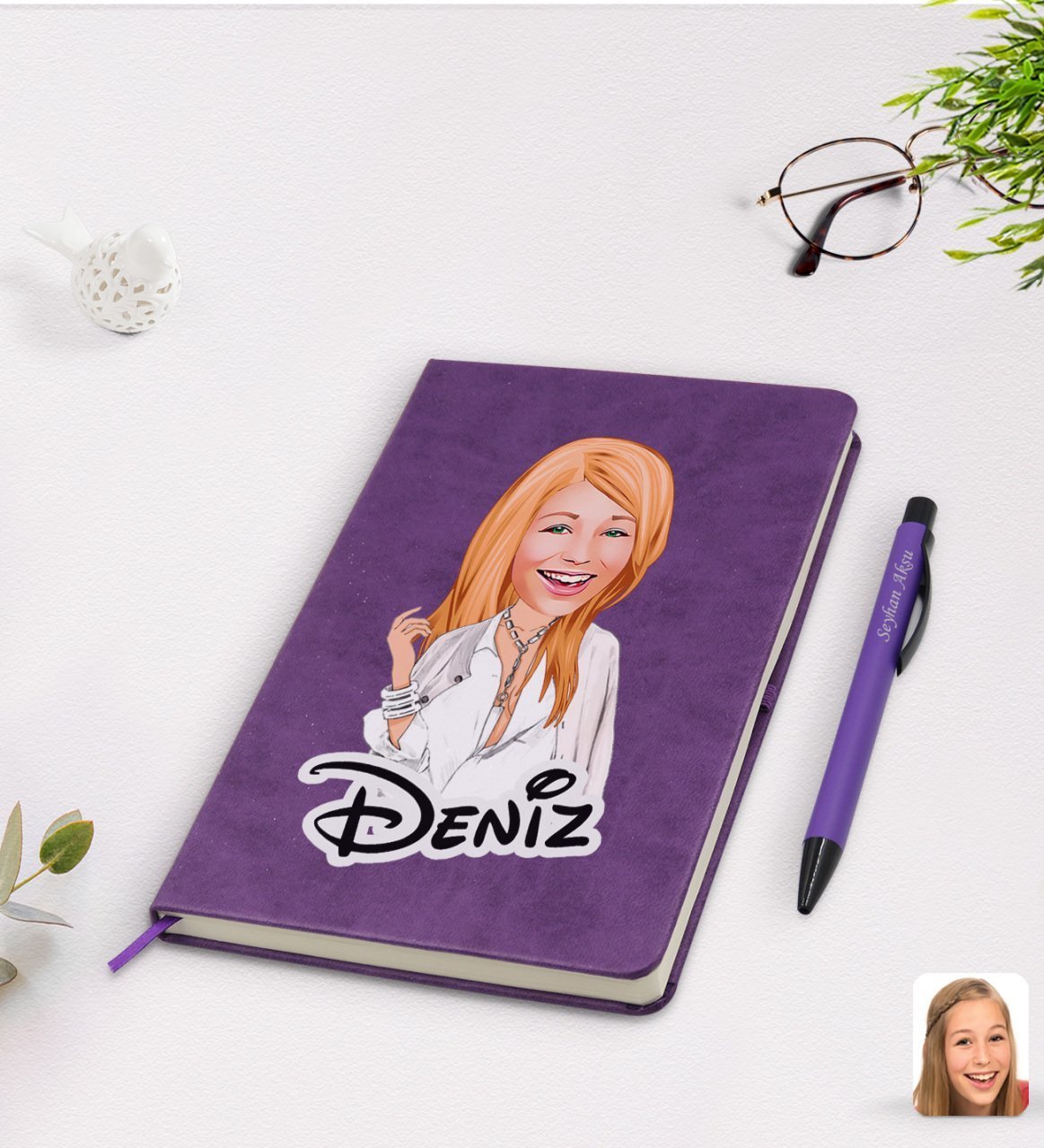 Kişiye Özel Kadın Model Karikatürlü Mor Termo Deri Defter Kalem Seti Model 2