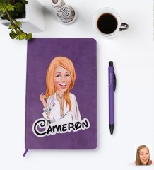 Kişiye Özel Kadın Model Karikatürlü Mor Termo Deri Defter Kalem Seti Model 2