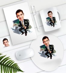 Kişiye Özel Bay Bankacı Karikatürlü Defter Kalem Kupa Mouse Pad Seti-2