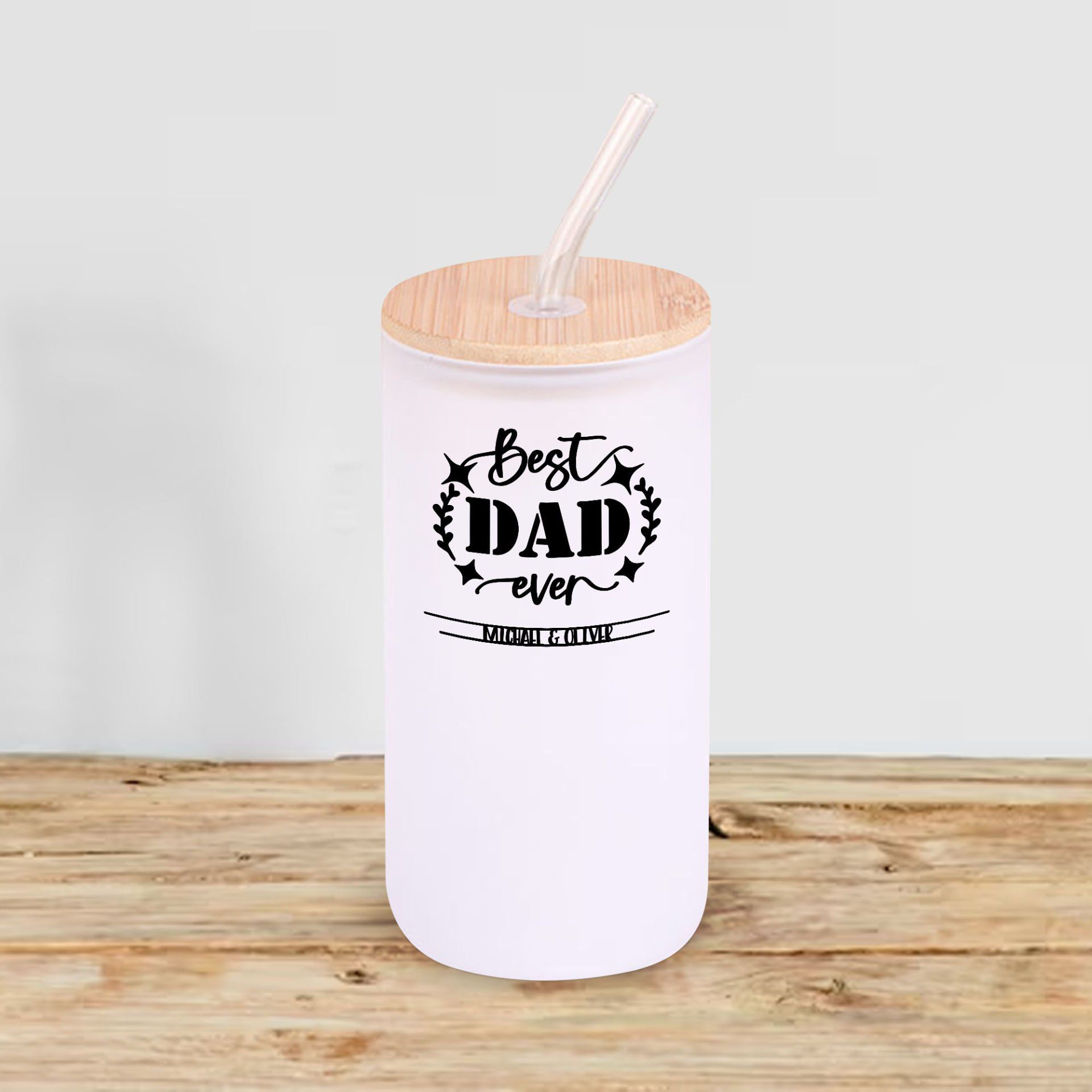 BK Gift İsimli Dad Tasarımlı Beyaz Renk Pipetli Buzlu Cam Bardak 600ml - 9, Babaya Hediye, Doğum Günü Hediyesi