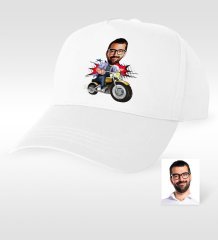 Kişiye Özel Bay Motorcu Karikatür Beyaz Şapka - 1