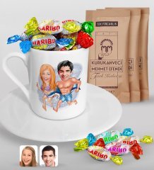 Kişiye Özel Sevgililer Karikatürlü Türk Kahvesi Fincanı Mehmet Efendi Kahve ve Haribo Şeker Hediye Seti-8
