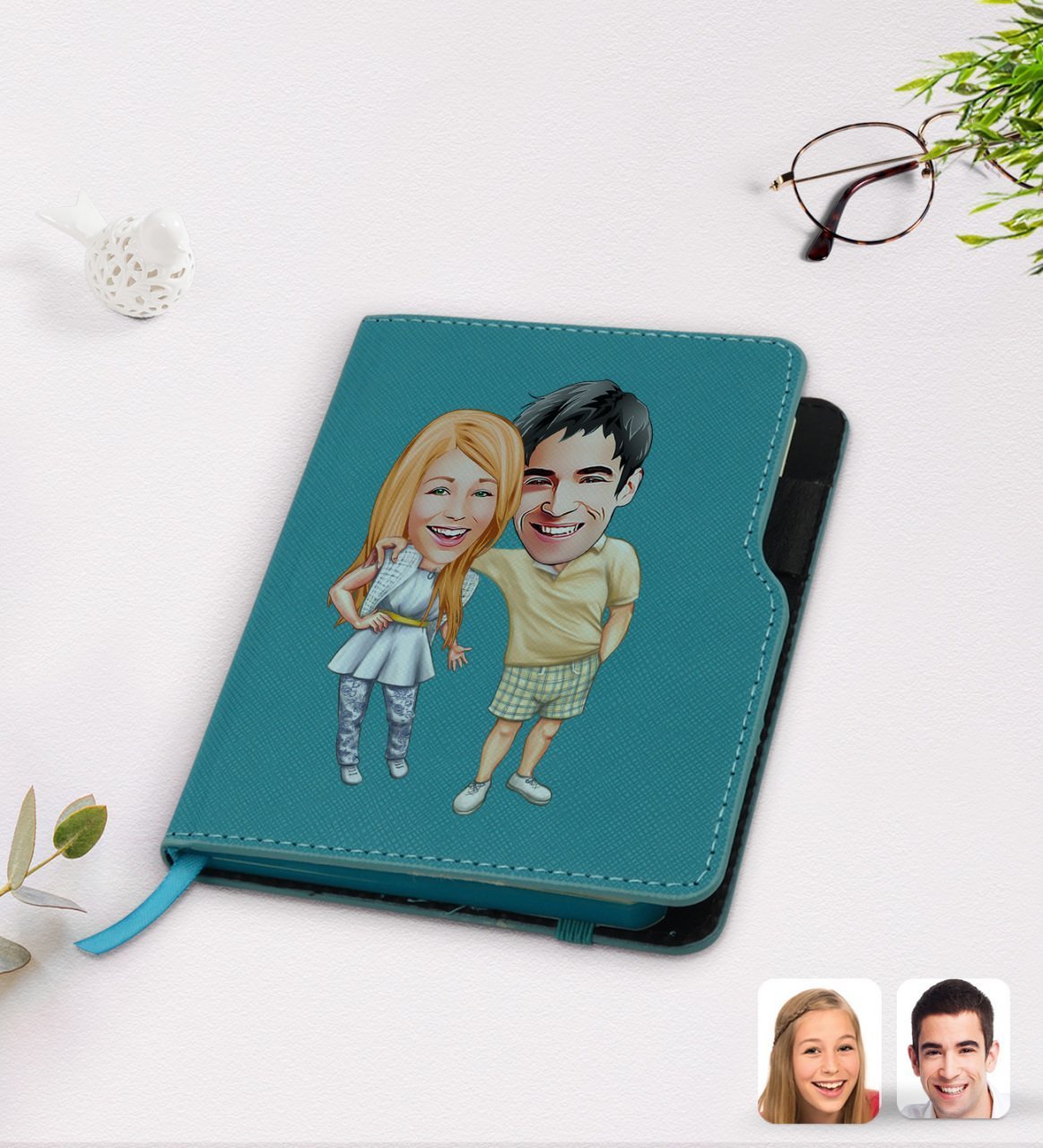 Kişiye Özel Sevgililer Karikatürlü Turkuaz Termo Deri Defter-98