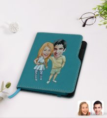 Kişiye Özel Sevgililer Karikatürlü Turkuaz Termo Deri Defter-98