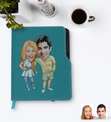 Kişiye Özel Sevgililer Karikatürlü Turkuaz Termo Deri Defter-98