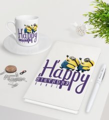 Kişiye Özel Happy Birthday Beyaz Defter Kalem Türk Kahvesi Fincanı Seti-5
