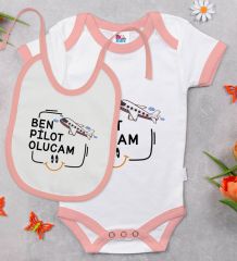 BK Kids Pilot Olucam Tasarımlı Pembe Bebek Body Zıbın ve Mama Önlüğü Hediye Seti-1