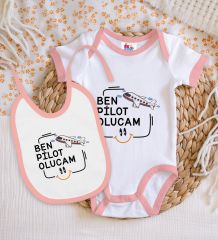BK Kids Pilot Olucam Tasarımlı Pembe Bebek Body Zıbın ve Mama Önlüğü Hediye Seti-1