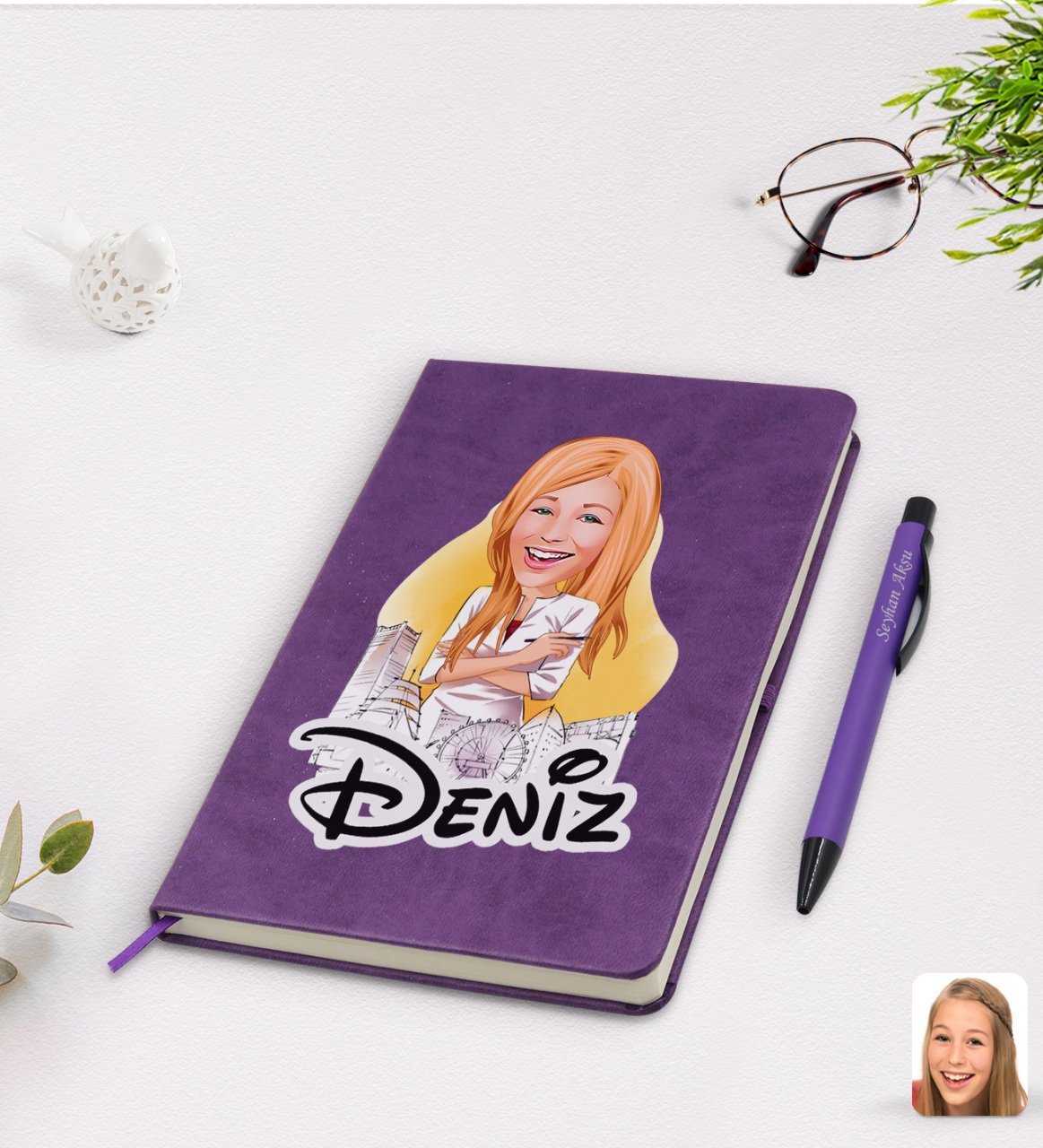 Kişiye Özel Kadın Mimar Karikatürlü Mor Termo Deri Defter Kalem Seti Model 1