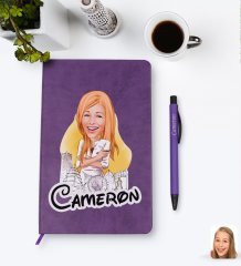 Kişiye Özel Kadın Mimar Karikatürlü Mor Termo Deri Defter Kalem Seti Model 1