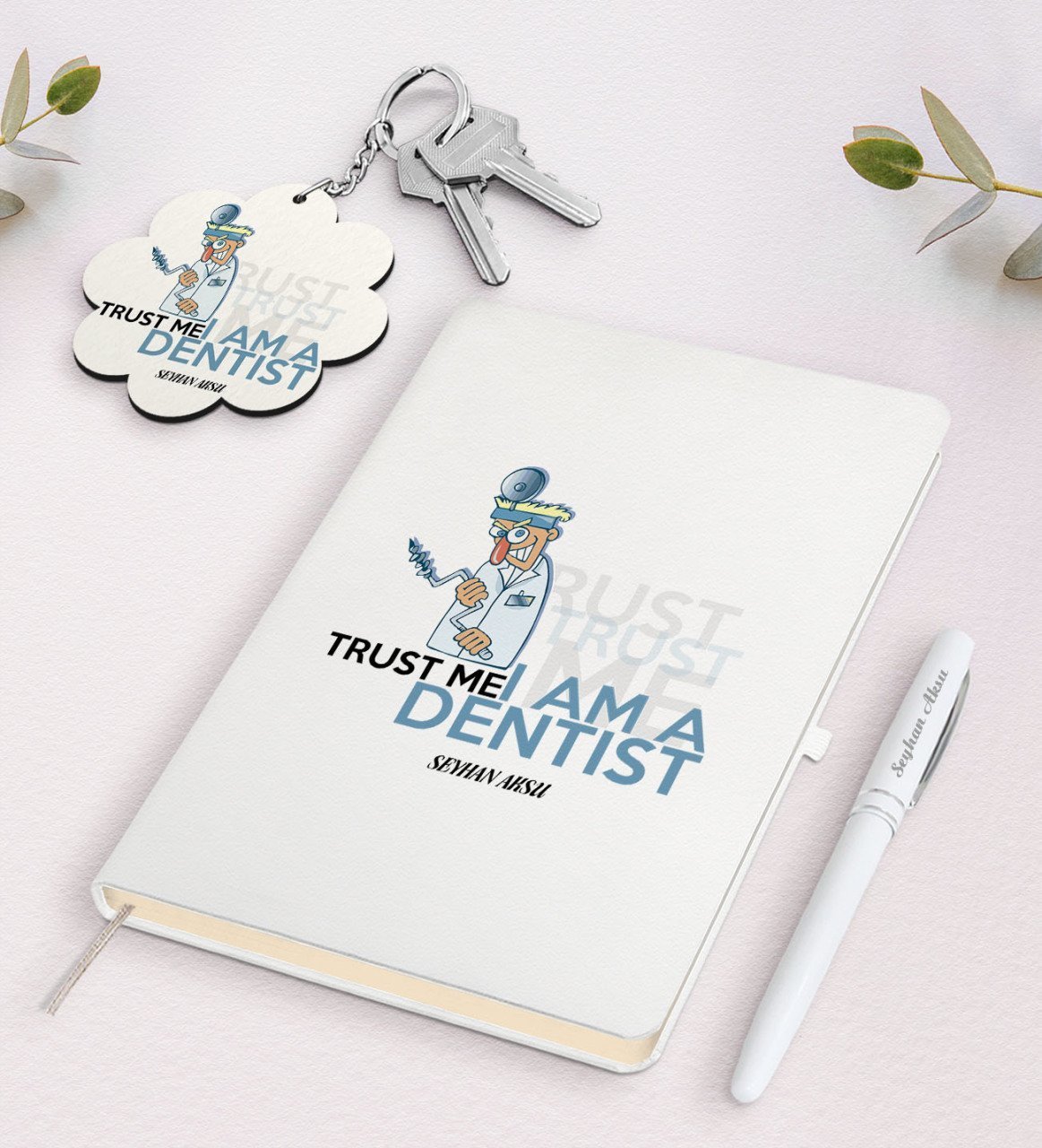 Kişiye Özel Diş Hekimi Beyaz Defter Kalem ve Anahtarlık Hediye Seti-3