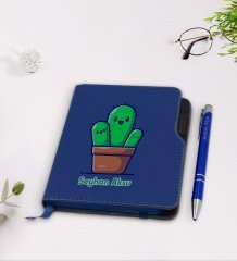 Kişiye Özel Kaktüs Tasarımlı Lacivert Termo Deri Defter Kalem Seti-3