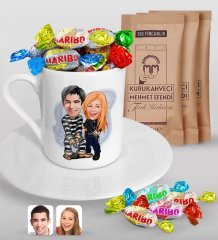 Kişiye Özel Sevgililer Karikatürlü Türk Kahvesi Fincanı Mehmet Efendi Kahve ve Haribo Şeker Hediye Seti-7