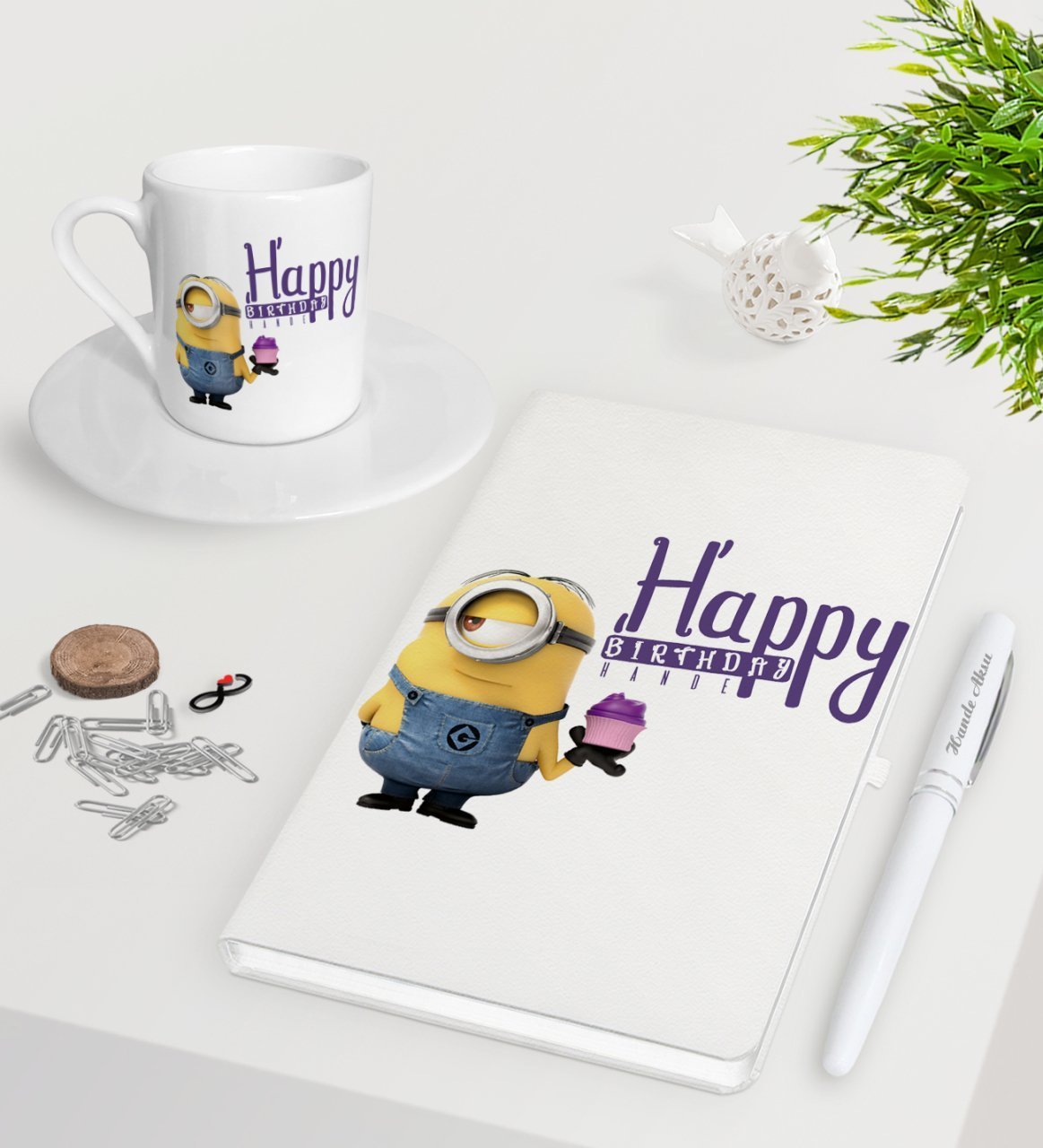 Kişiye Özel Happy Birthday Beyaz Defter Kalem Türk Kahvesi Fincanı Seti-4