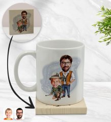 Kişiye Özel Baba Oğul Karikatürlü Beyaz Kupa Bardak ve Ahşap Bardak Altlığı Hediye Seti - Model 1